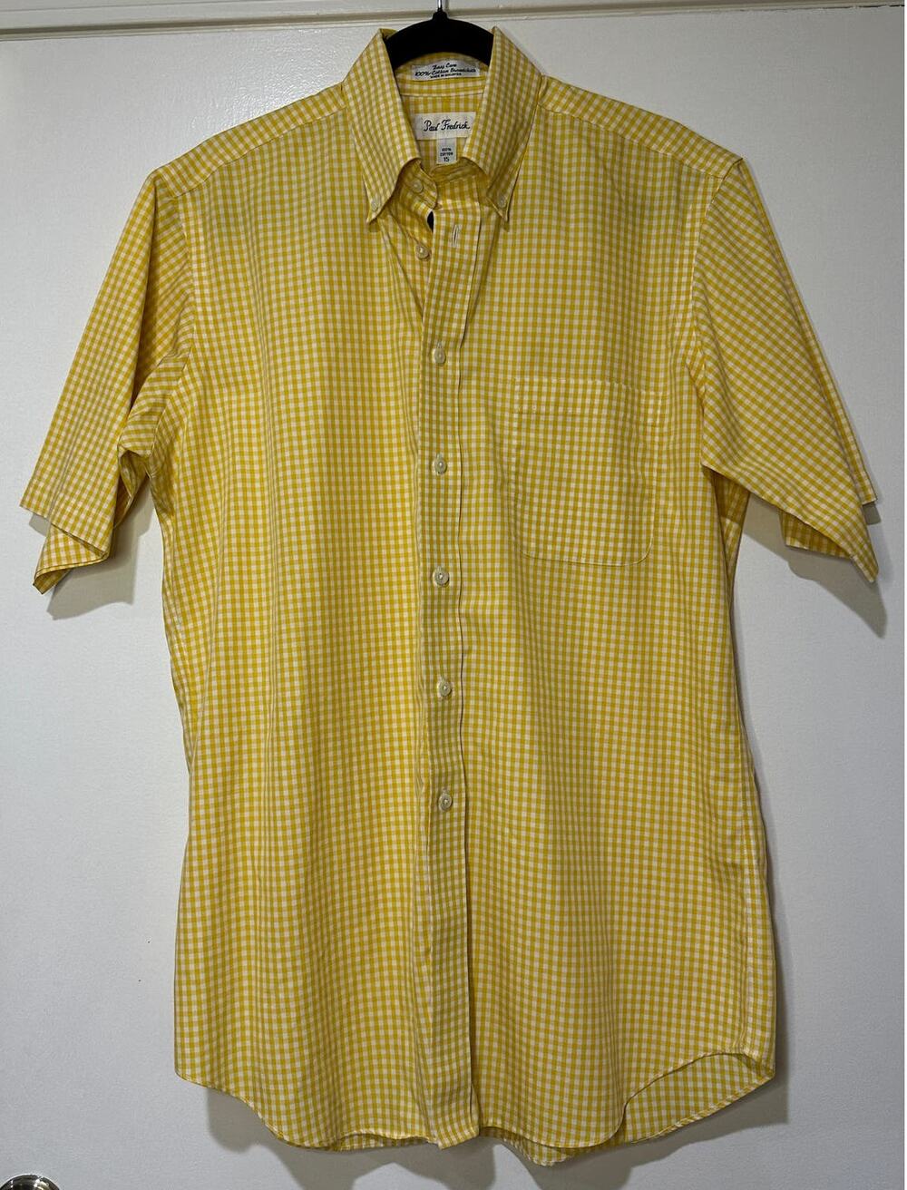 Paul Fredrick Men's Size 15 Button Down Shirt Yellow Micro Gingham Checkered